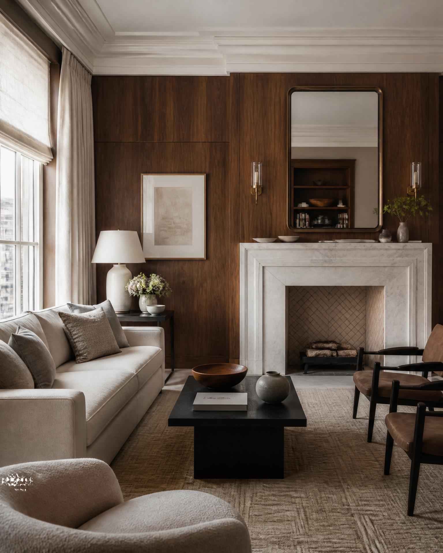 Living classico contemporaneo con boiserie e camino in una residenza privata sull'Upper East Side a New York