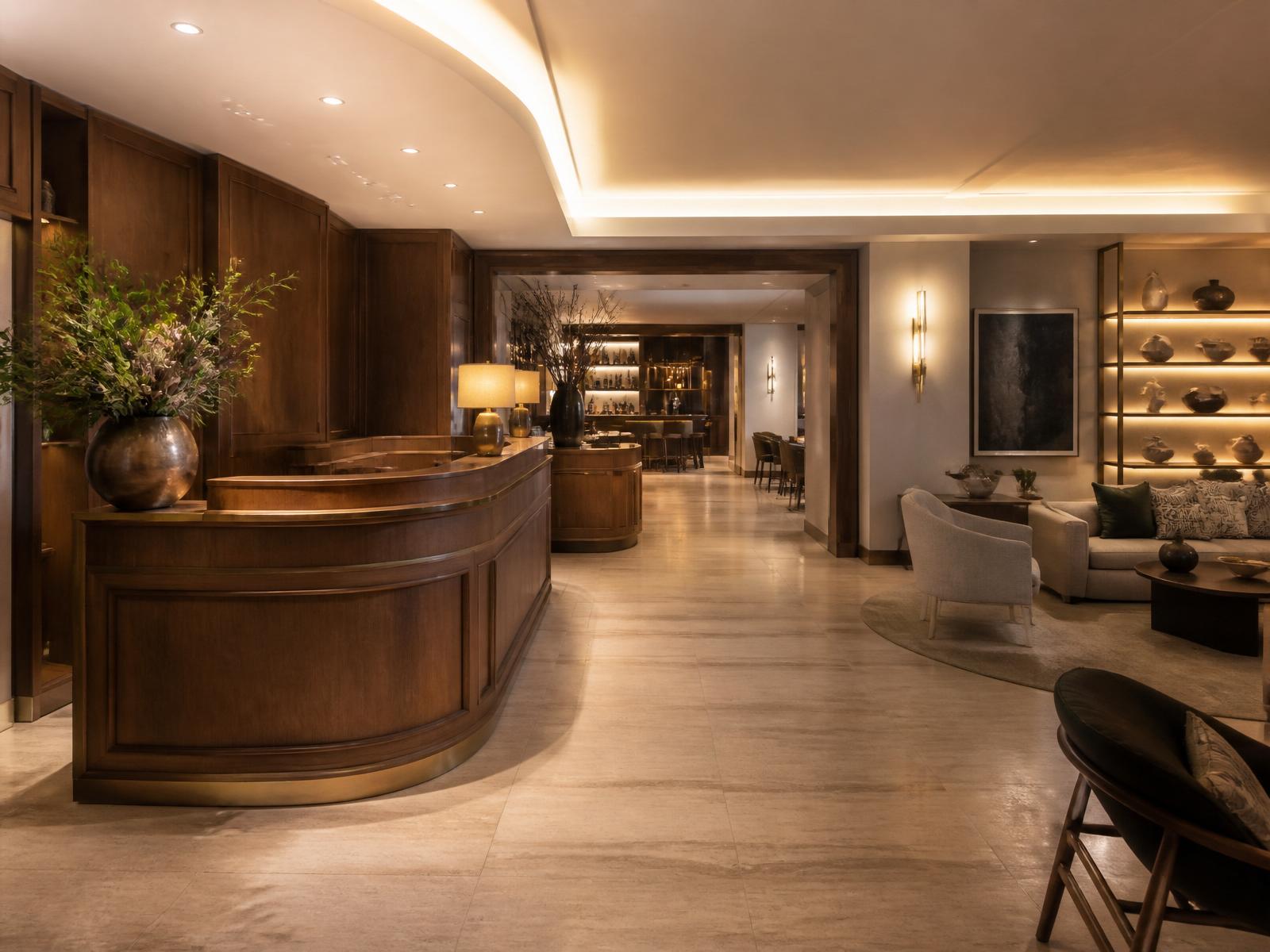 Reception curva in noce e travertino di un hotel boutique
