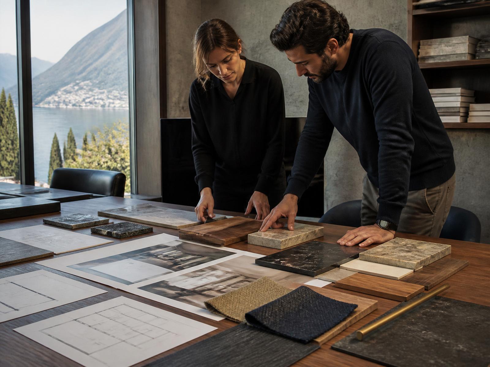 Scrivania di progettazione con tavole tecniche, campioni di materiali e modello in scala
