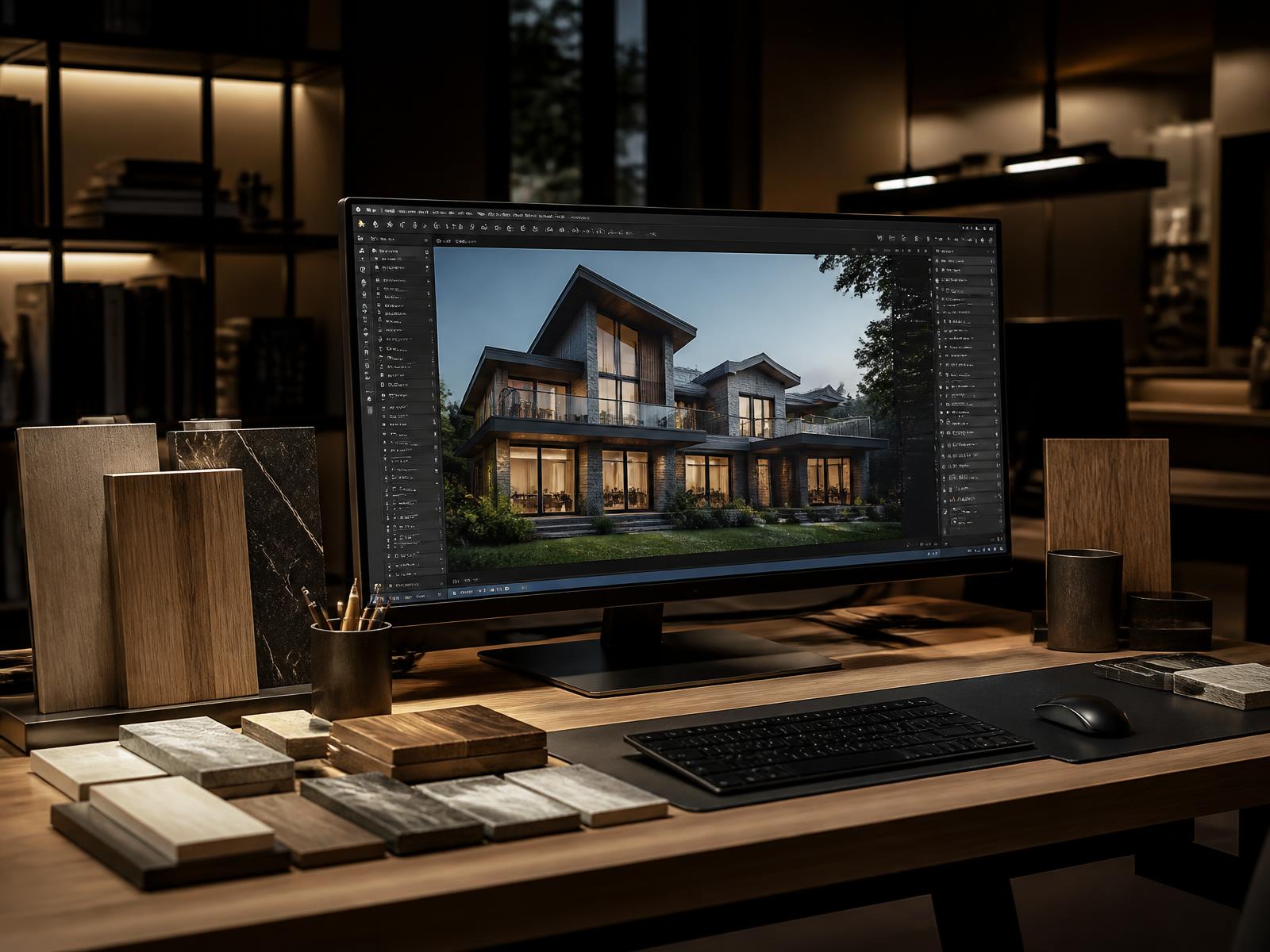 Render 3D di un interno di lusso su un grande monitor in uno studio dedicato