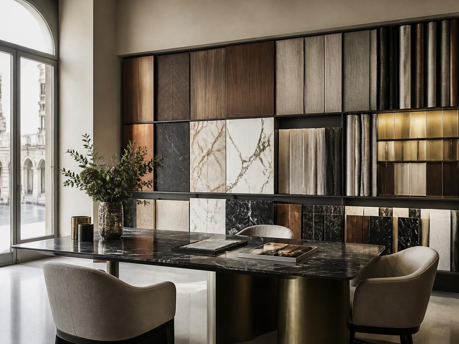 Parete di materioteca con essenze di legno, pietre, tessuti e metalli allo showroom di Armonia Group